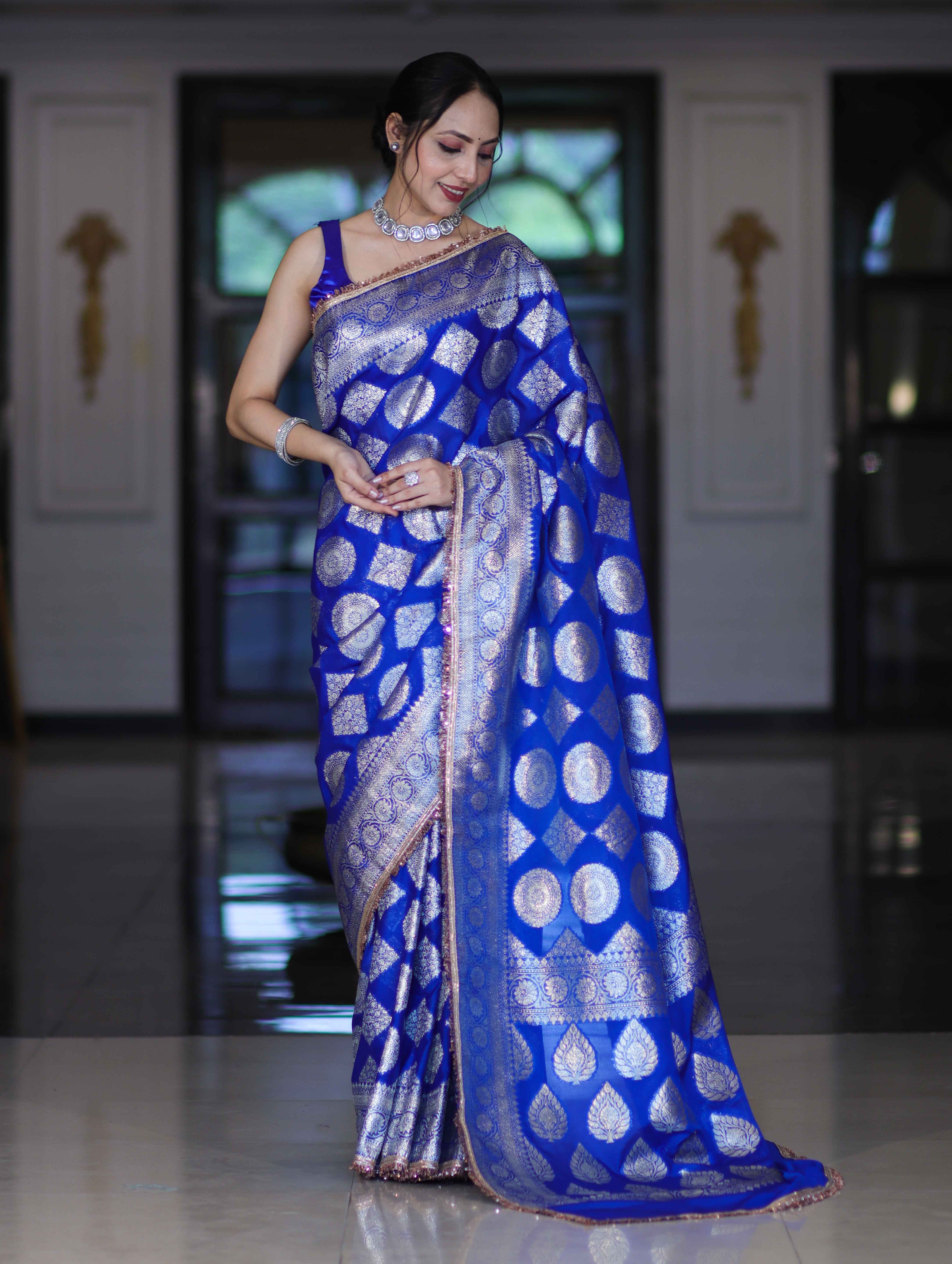 Banarasee Handloom Semi Silk Saree With Buta Design Zari Border & Lace-Blue