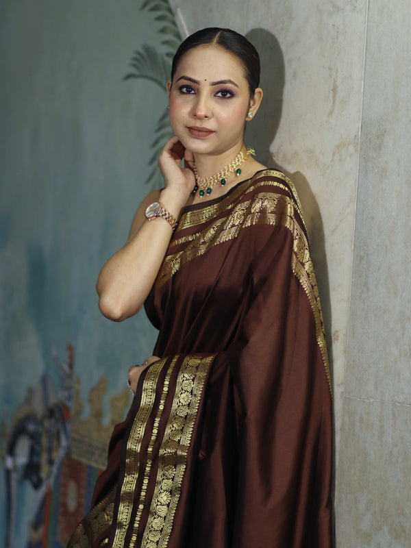 Banarasee Handloom Semi Silk Plain Saree With Zari Work Border-Brown