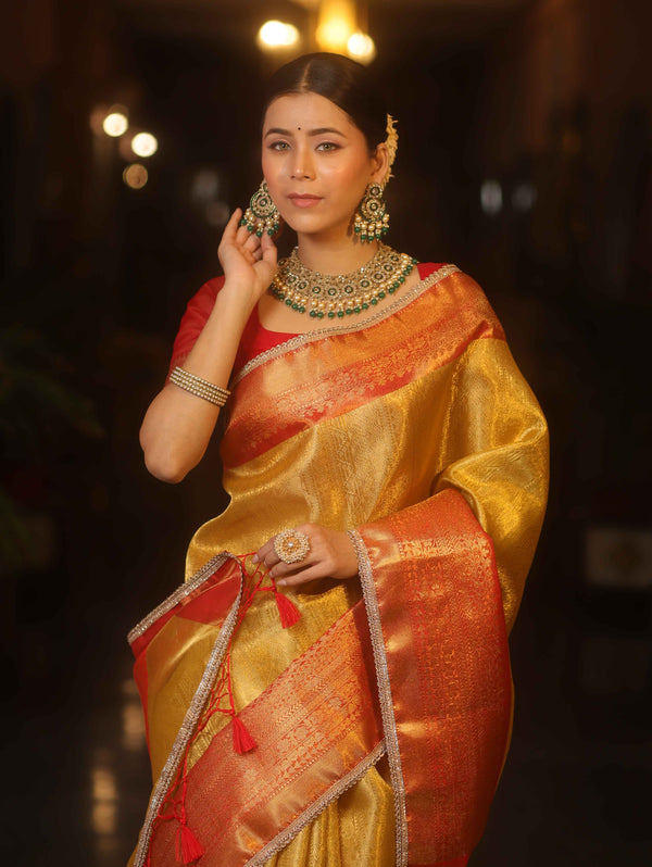 Banarasee Handwoven Tissue Saree With Zari Broad Broder-Gold & Red