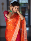 Banarasee Dual Color Cotton Silk Saree With Zari Buti & Floral Border-Pink & Orange