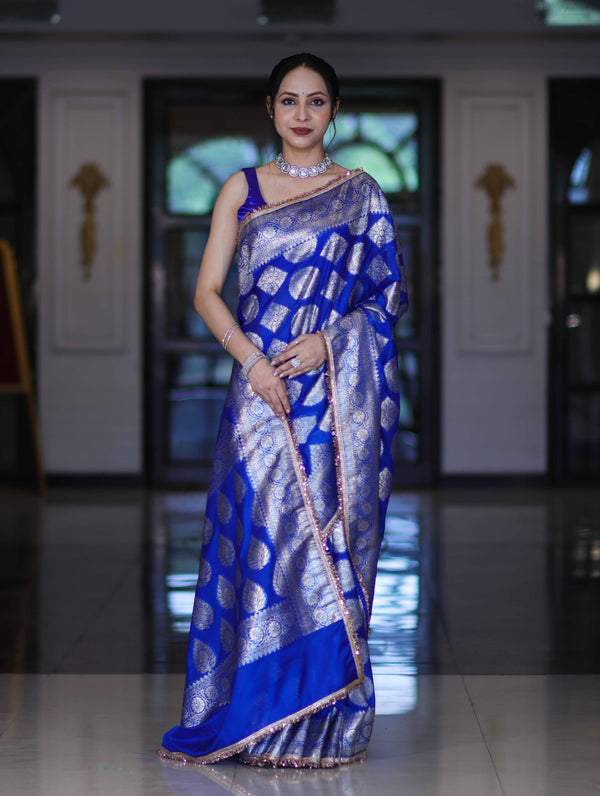 Banarasee Handloom Semi Silk Saree With Buta Design Zari Border & Lace-Blue