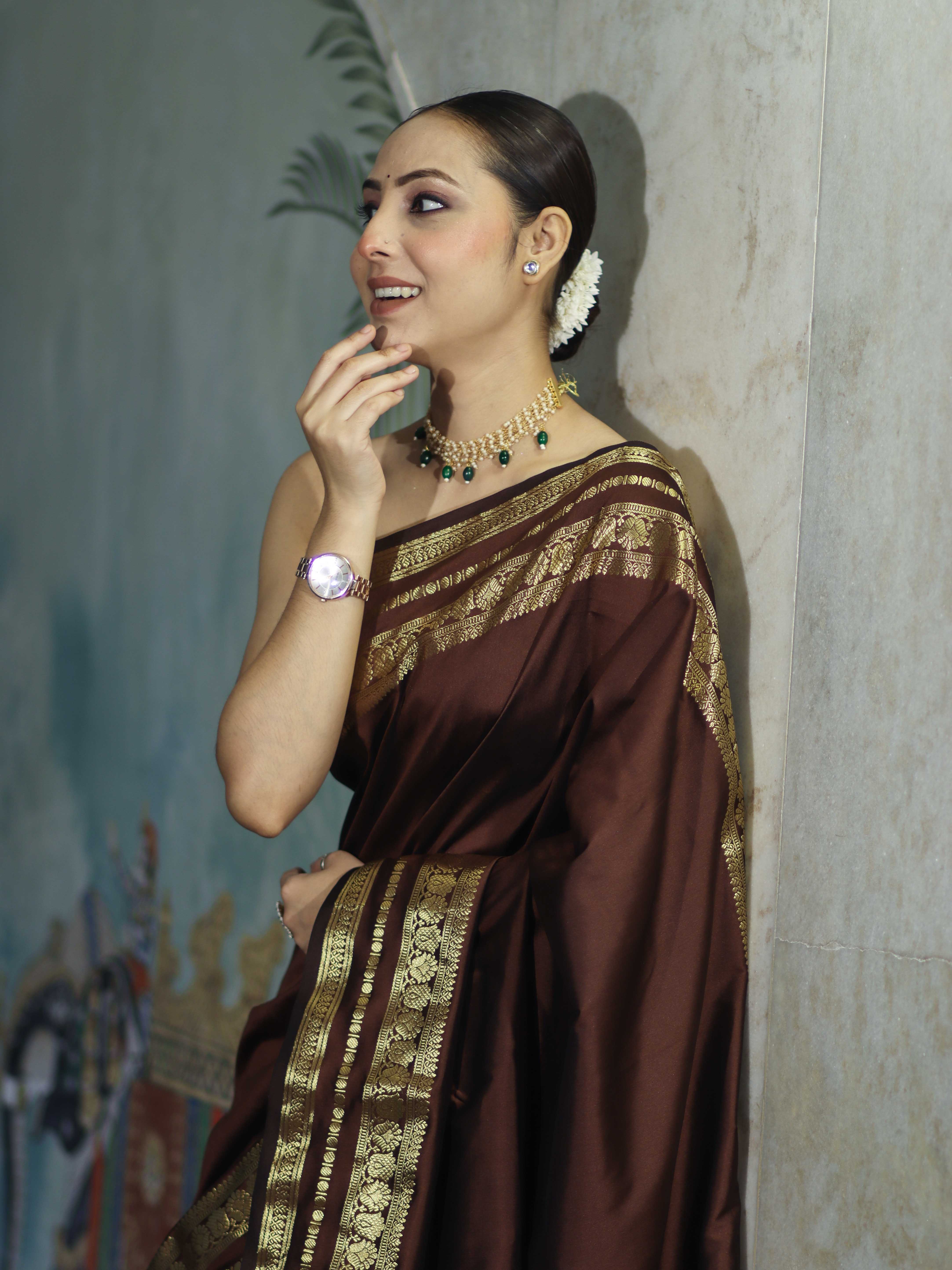 Banarasee Handloom Semi Silk Plain Saree With Zari Work Border-Brown