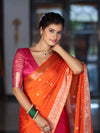 Banarasee Dual Color Cotton Silk Saree With Zari Buti & Floral Border-Pink & Orange