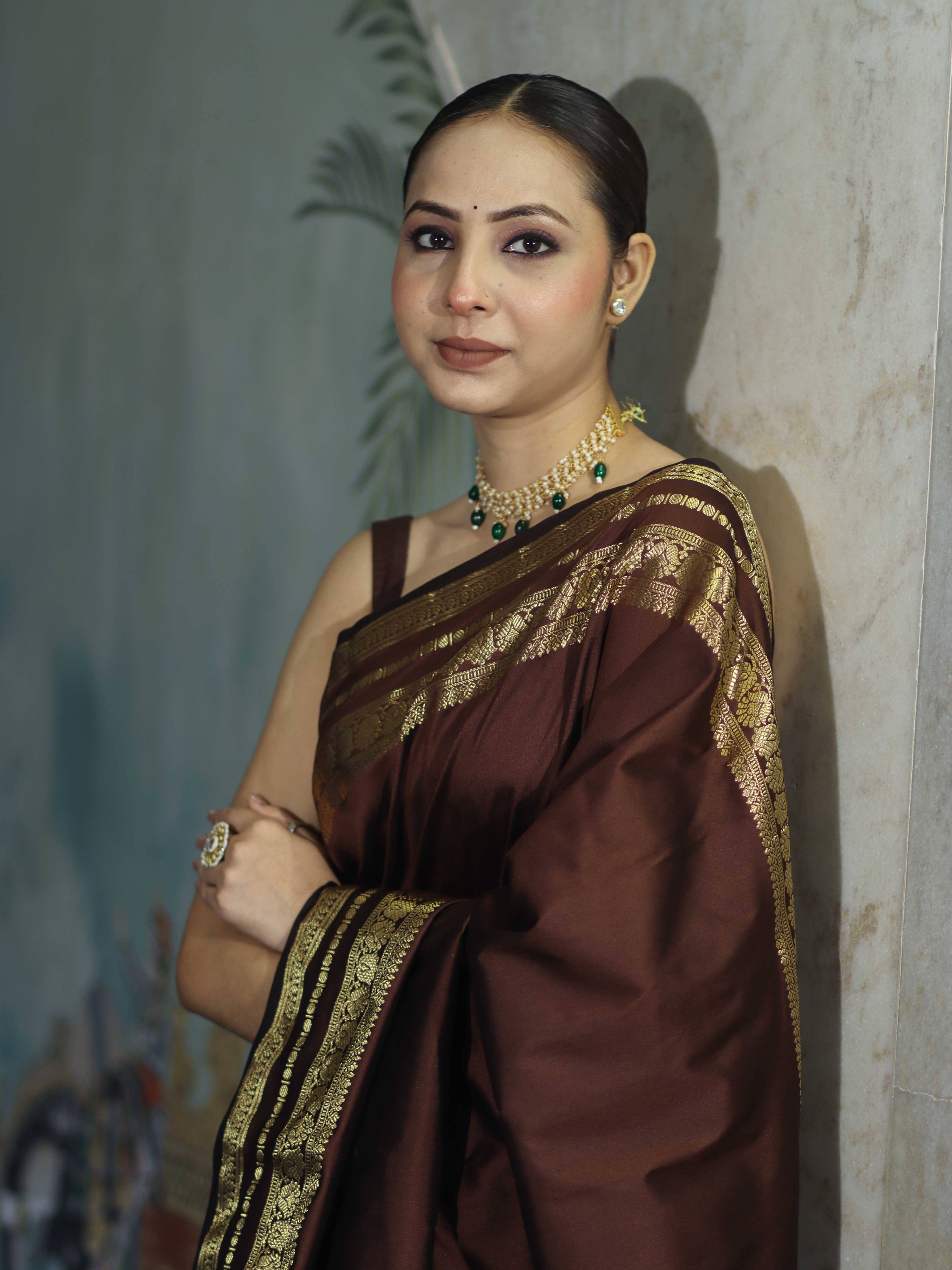 Banarasee Handloom Semi Silk Plain Saree With Zari Work Border-Brown