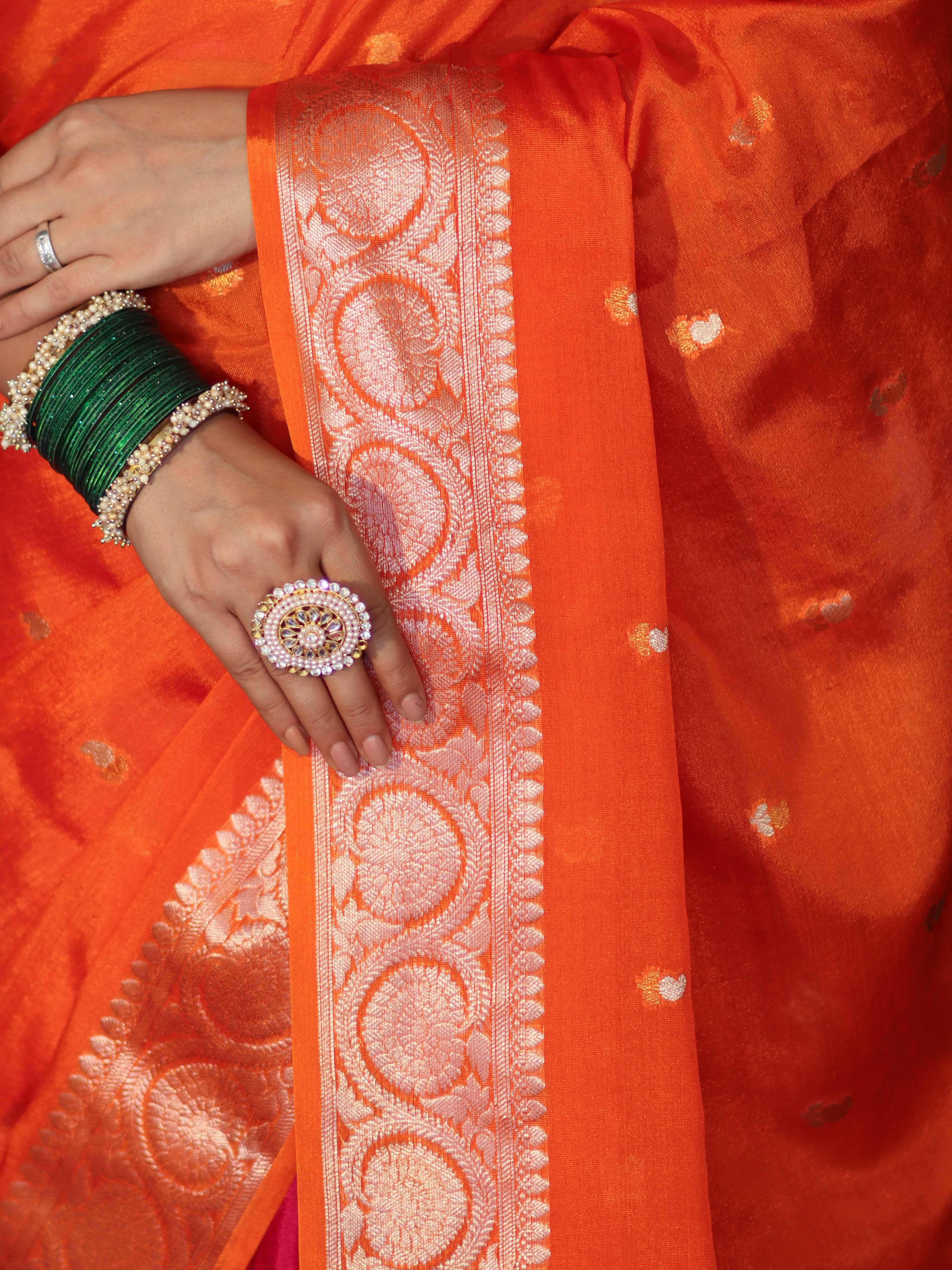 Banarasee Dual Color Cotton Silk Saree With Zari Buti & Floral Border-Pink & Orange