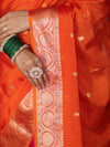 Banarasee Dual Color Cotton Silk Saree With Zari Buti & Floral Border-Pink & Orange