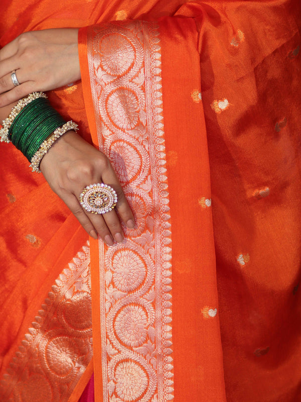 Banarasee Dual Color Cotton Silk Saree With Zari Buti & Floral Border-Pink & Orange