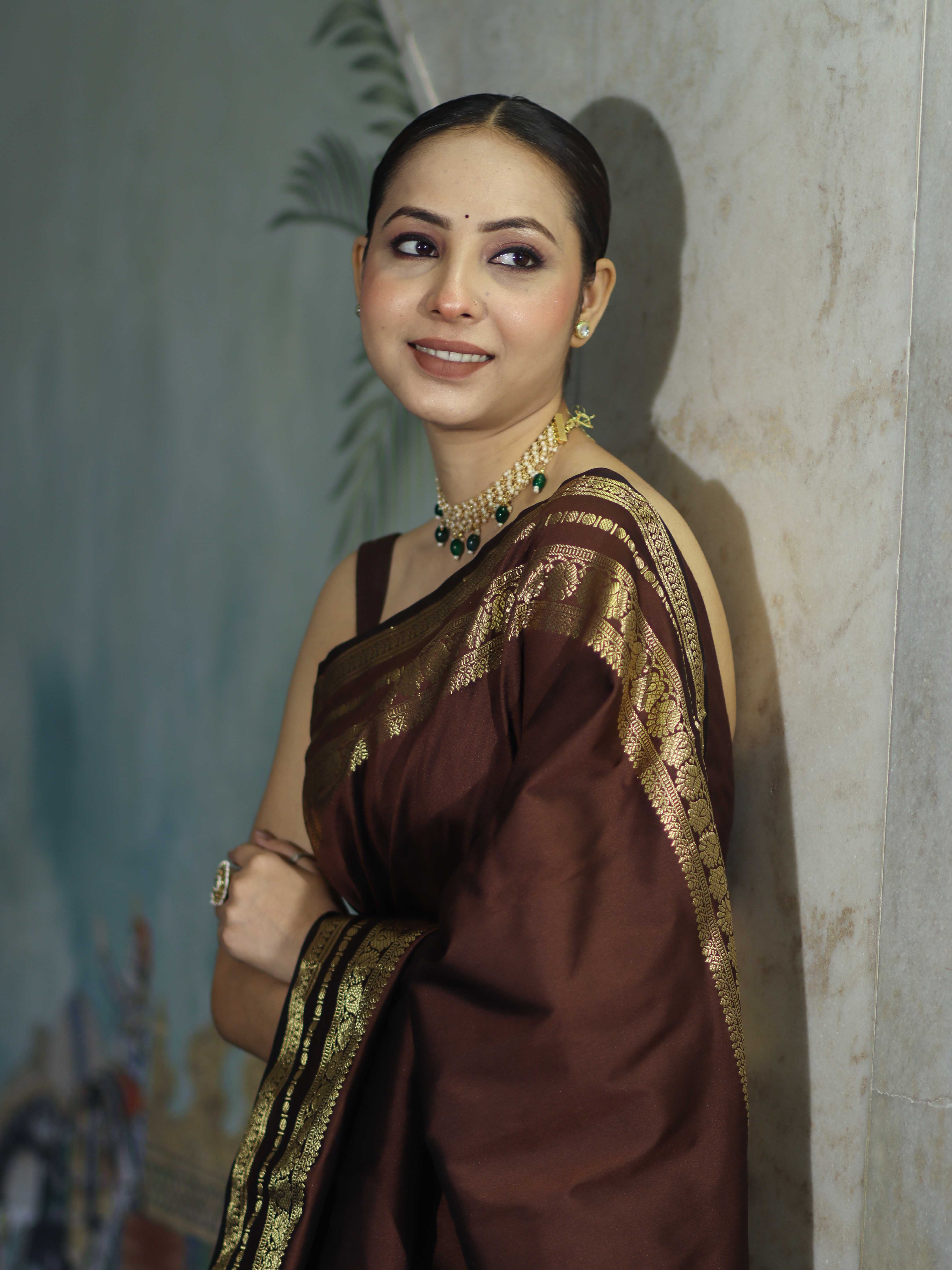 Banarasee Handloom Semi Silk Plain Saree With Zari Work Border-Brown