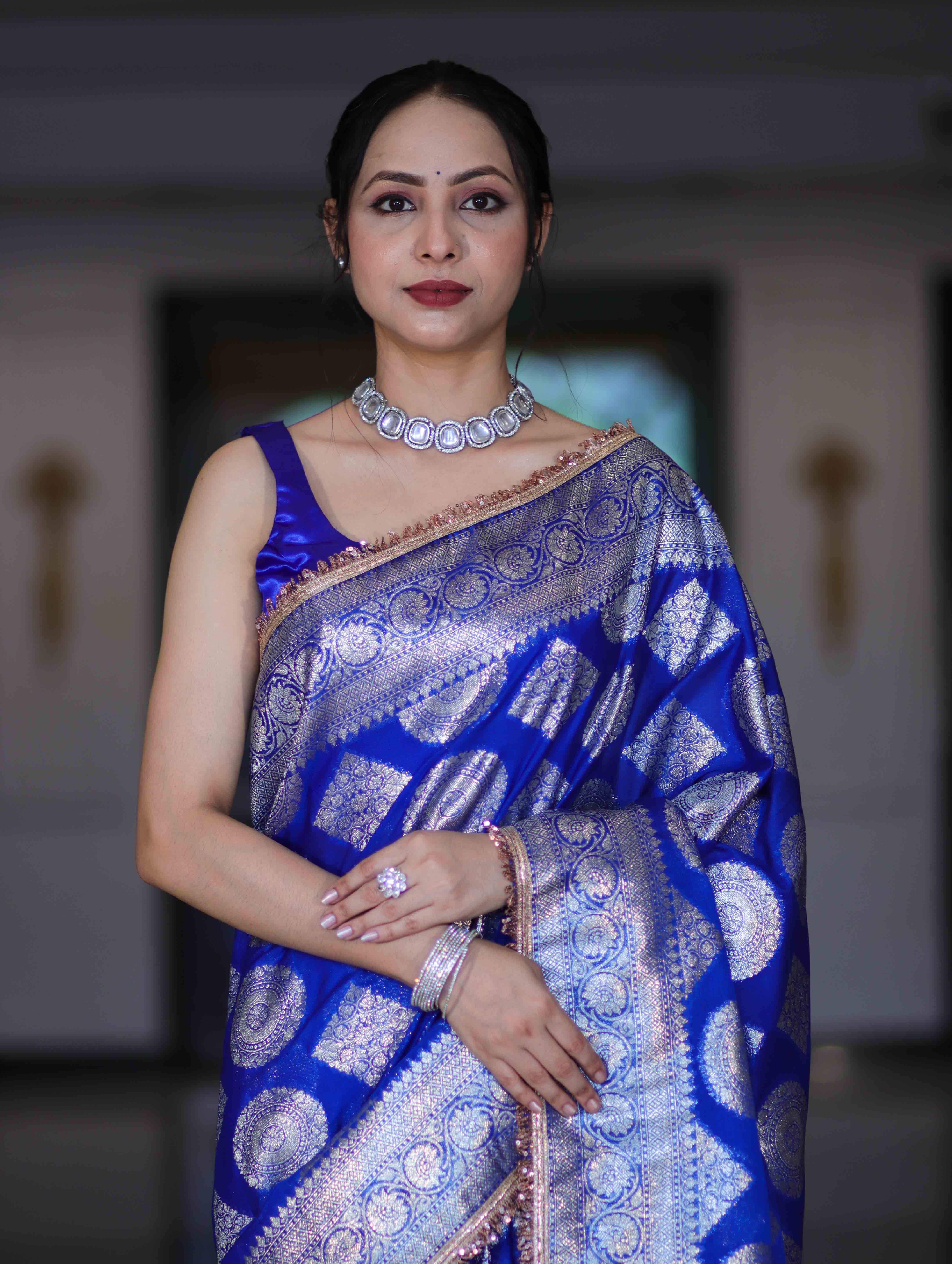 Banarasee Handloom Semi Silk Saree With Buta Design Zari Border & Lace-Blue