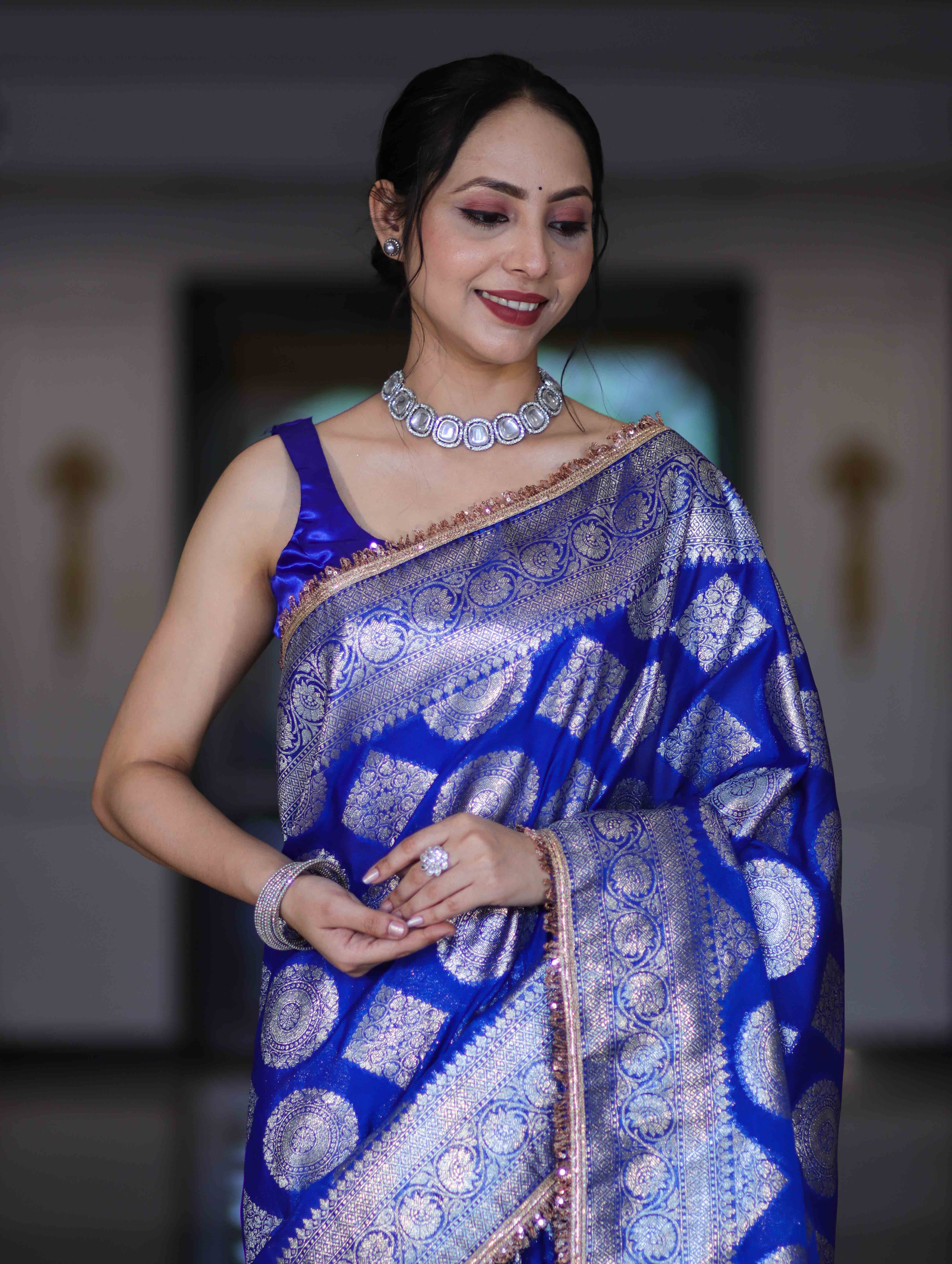 Banarasee Handloom Semi Silk Saree With Buta Design Zari Border & Lace-Blue