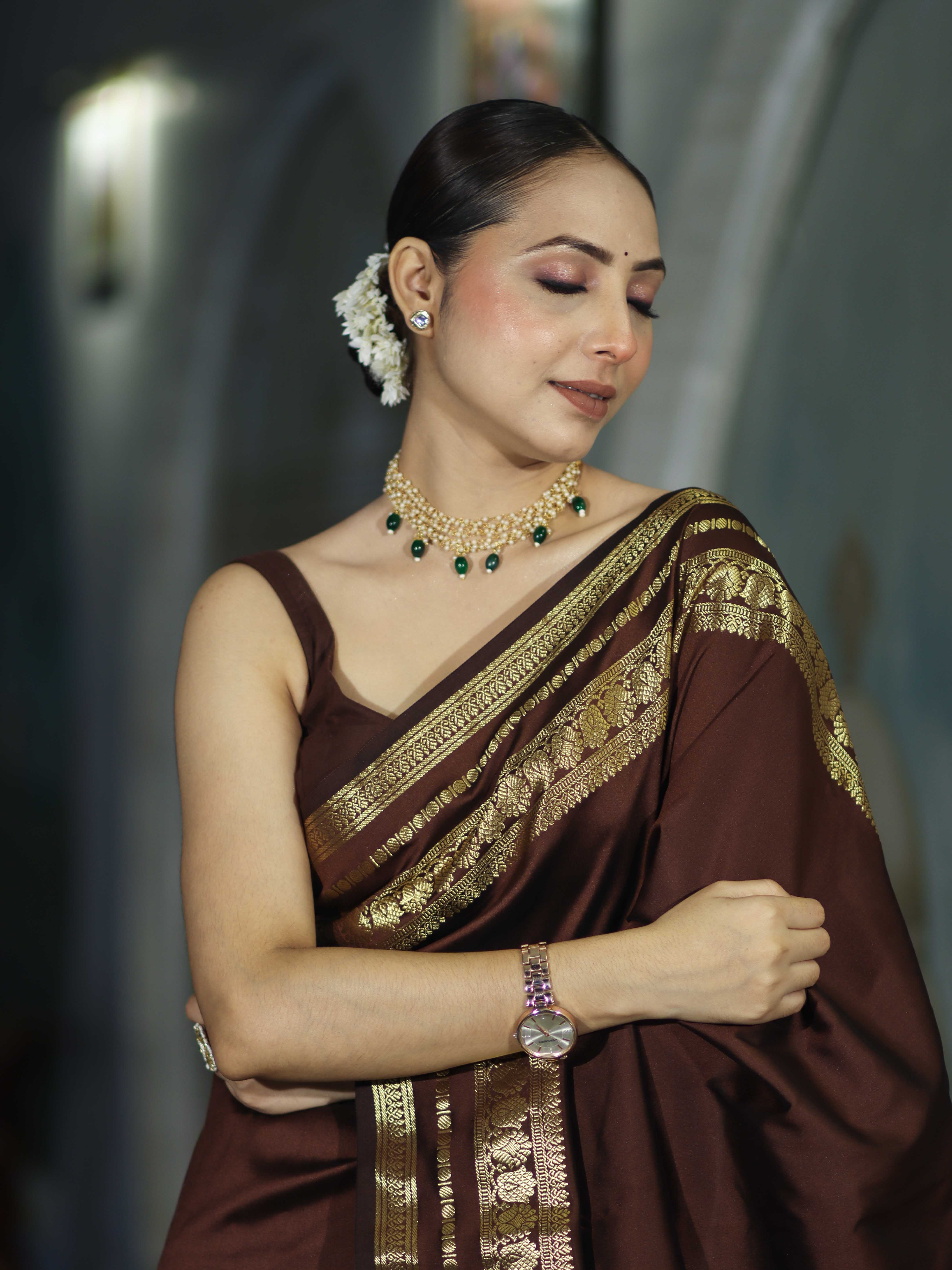 Banarasee Handloom Semi Silk Plain Saree With Zari Work Border-Brown