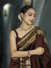 Banarasee Handloom Semi Silk Plain Saree With Zari Work Border-Brown