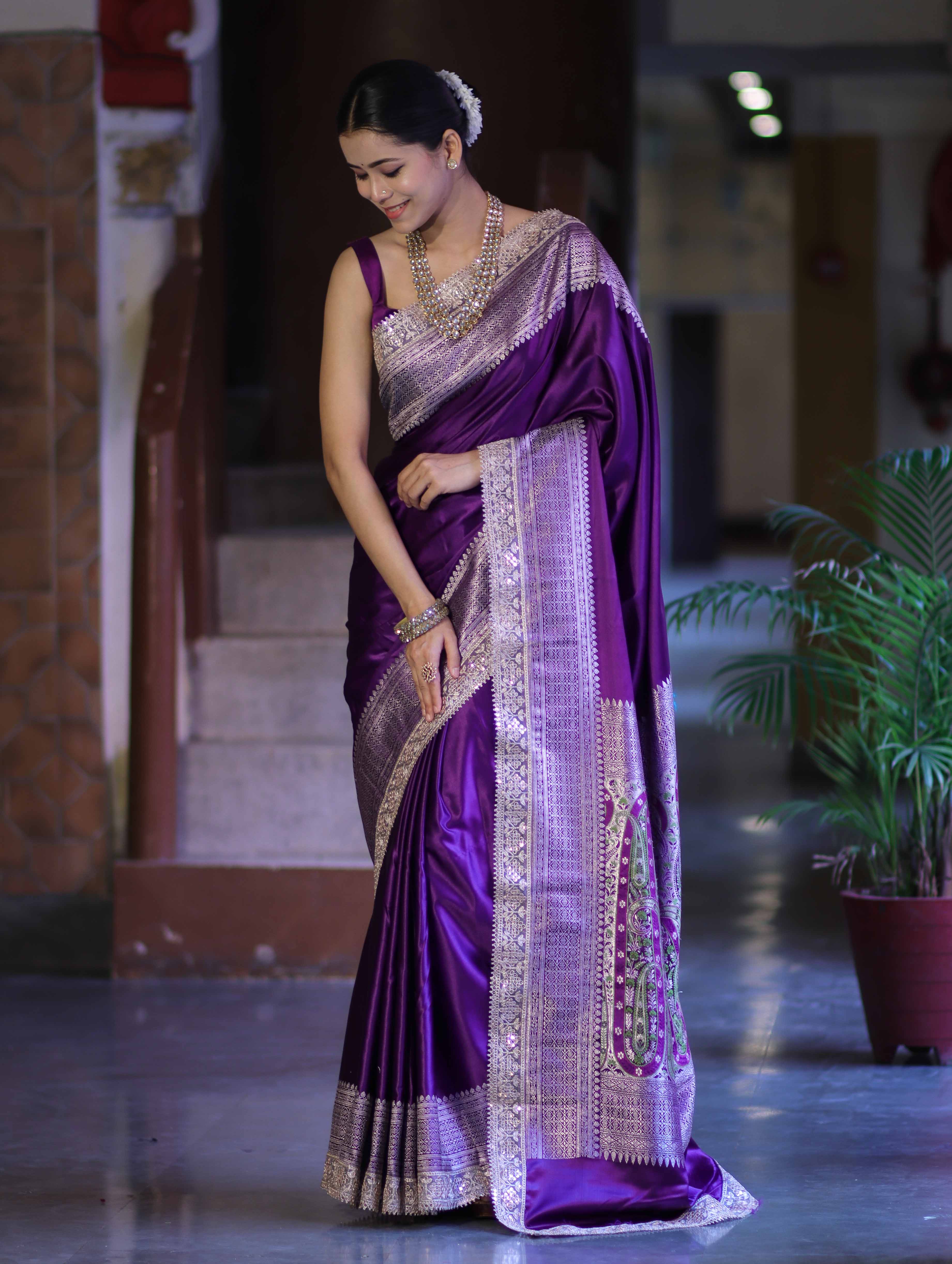 Banarasee Handloom Plain Mashru Silk Saree With Lace Border & Meenadar Pallu-Violet