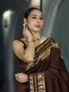 Banarasee Handloom Semi Silk Plain Saree With Zari Work Border-Brown