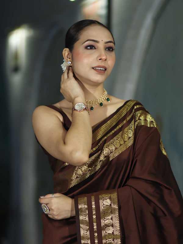 Banarasee Handloom Semi Silk Plain Saree With Zari Work Border-Brown