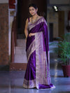Banarasee Handloom Plain Mashru Silk Saree With Lace Border & Meenadar Pallu-Violet