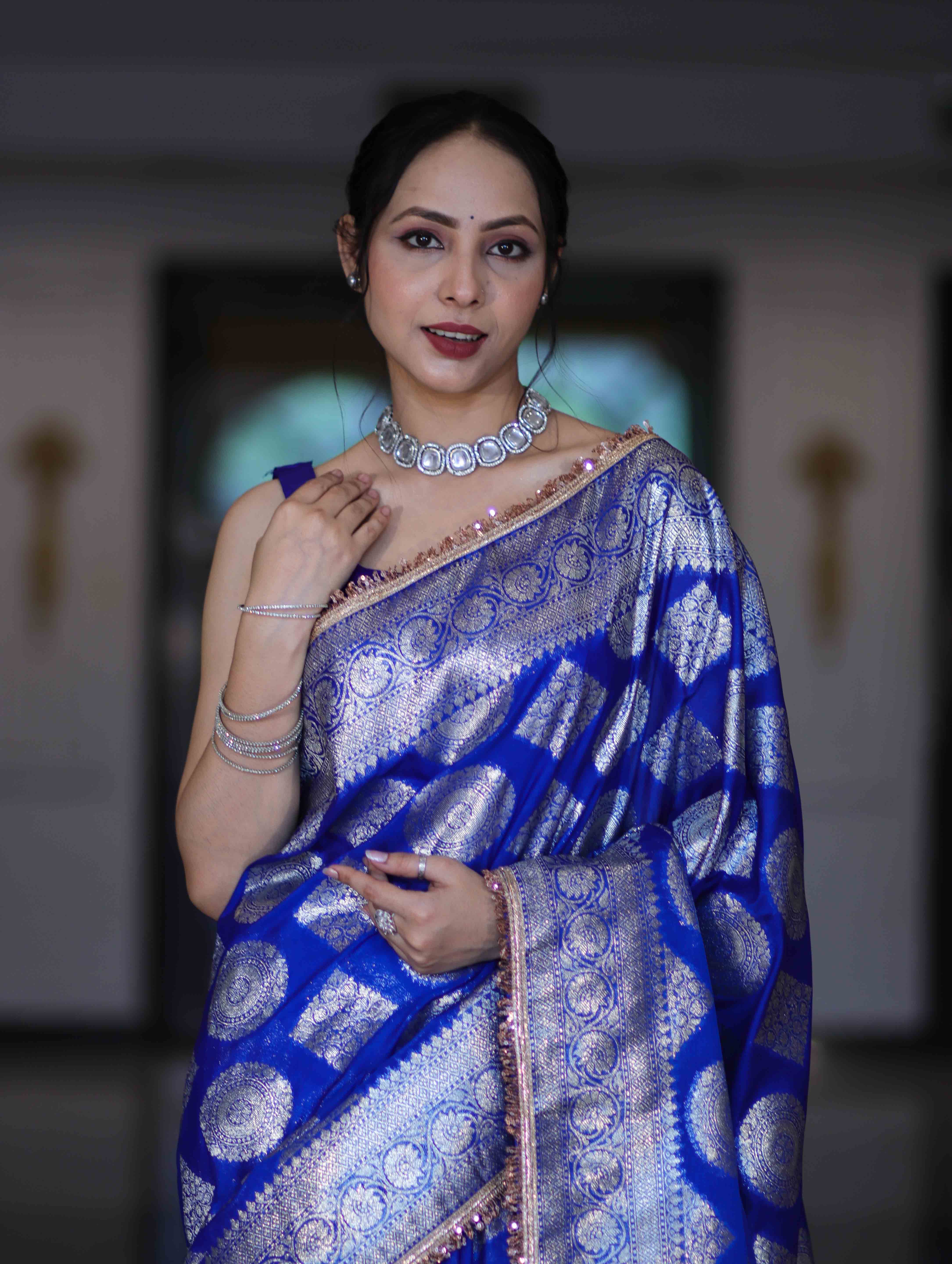 Banarasee Handloom Semi Silk Saree With Buta Design Zari Border & Lace-Blue