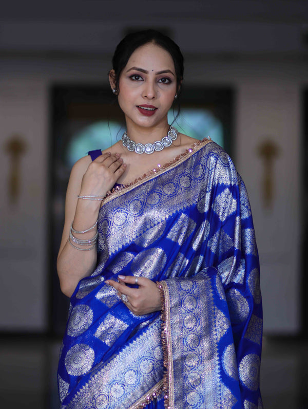 Banarasee Handloom Semi Silk Saree With Buta Design Zari Border & Lace-Blue