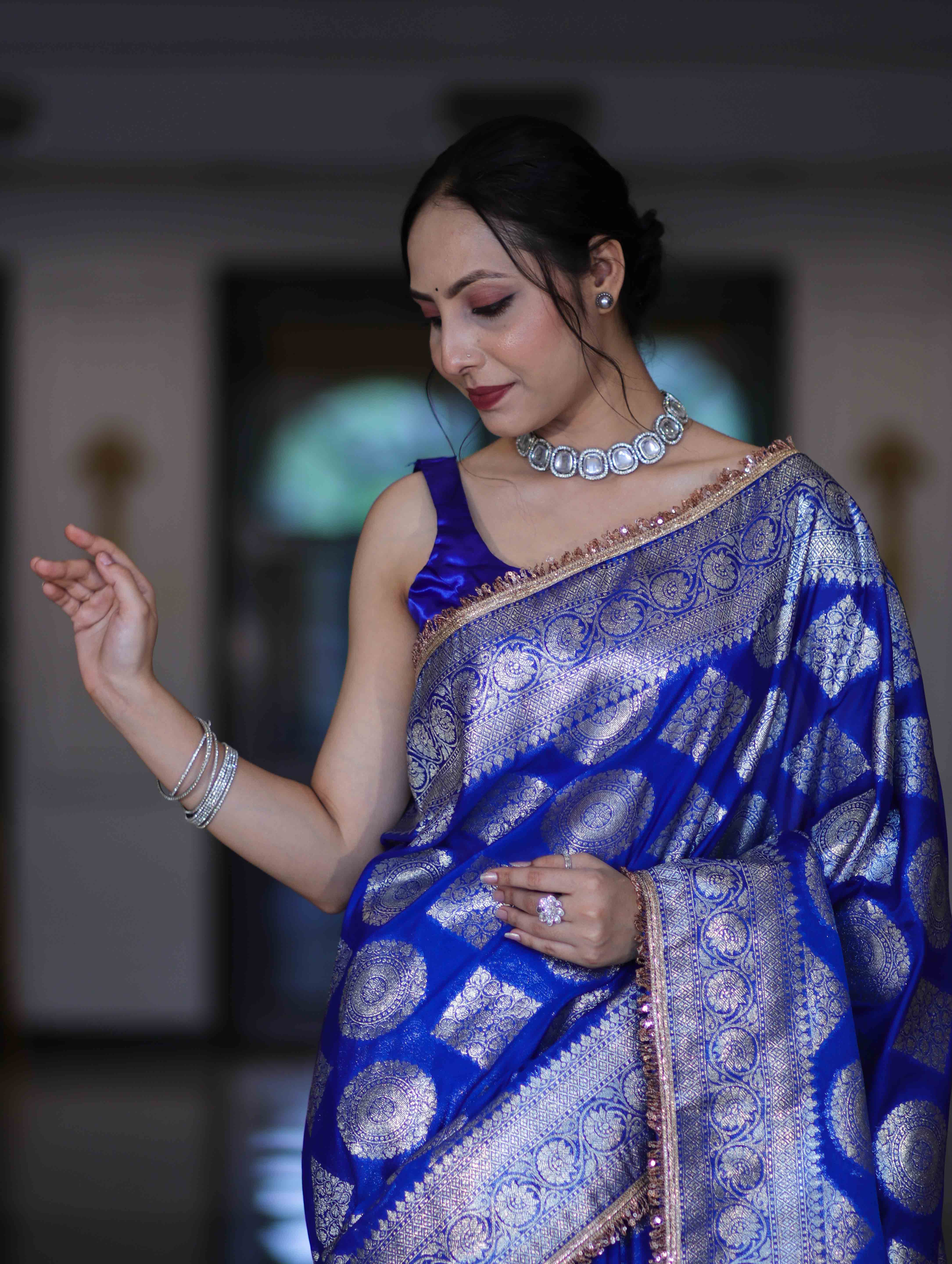 Banarasee Handloom Semi Silk Saree With Buta Design Zari Border & Lace-Blue