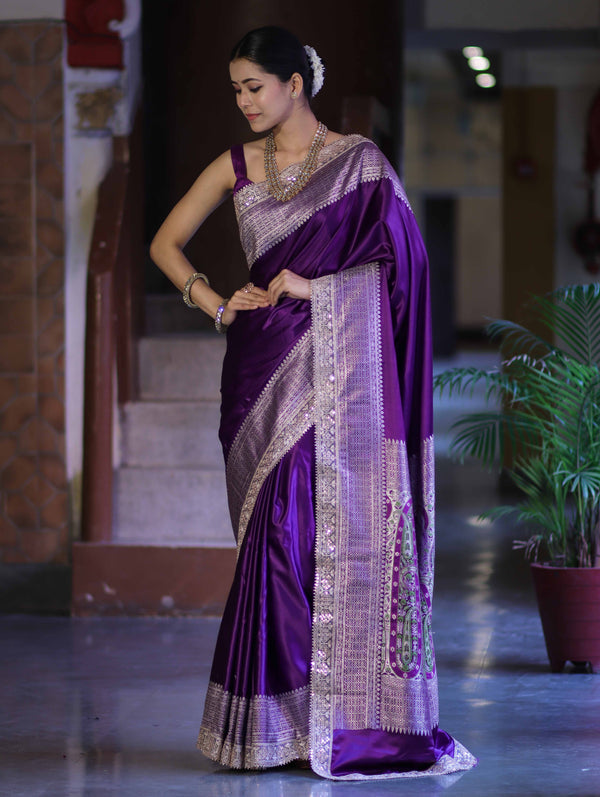 Banarasee Handloom Plain Mashru Silk Saree With Lace Border & Meenadar Pallu-Violet