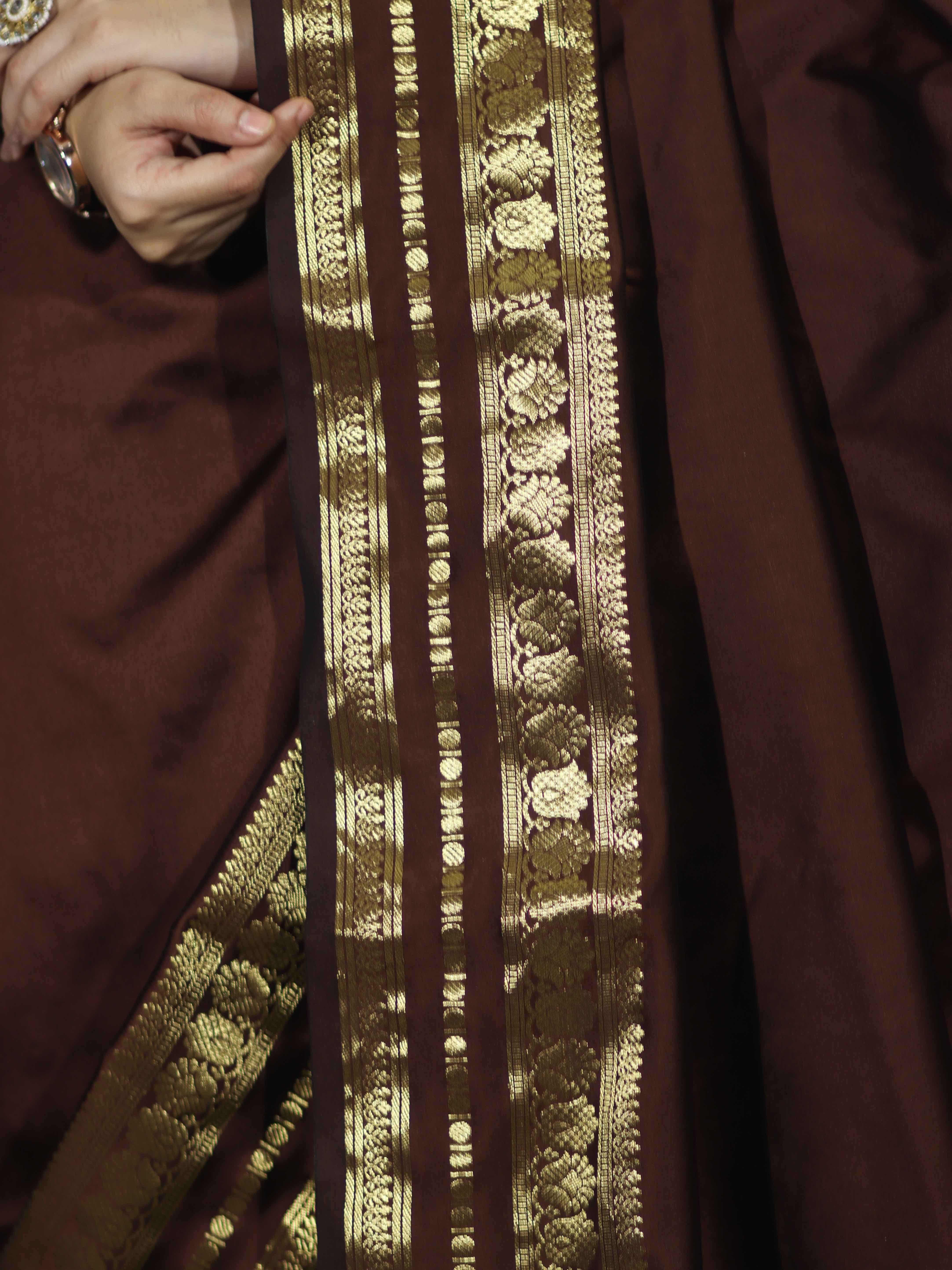 Banarasee Handloom Semi Silk Plain Saree With Zari Work Border-Brown