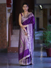 Banarasee Handloom Plain Mashru Silk Saree With Lace Border & Meenadar Pallu-Violet