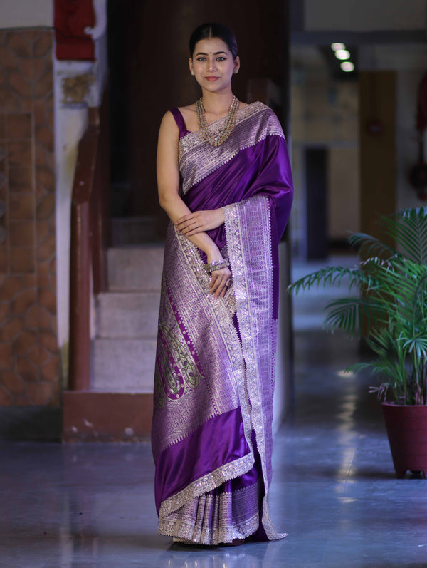 Banarasee Handloom Plain Mashru Silk Saree With Lace Border & Meenadar Pallu-Violet