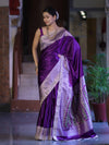 Banarasee Handloom Plain Mashru Silk Saree With Lace Border & Meenadar Pallu-Violet