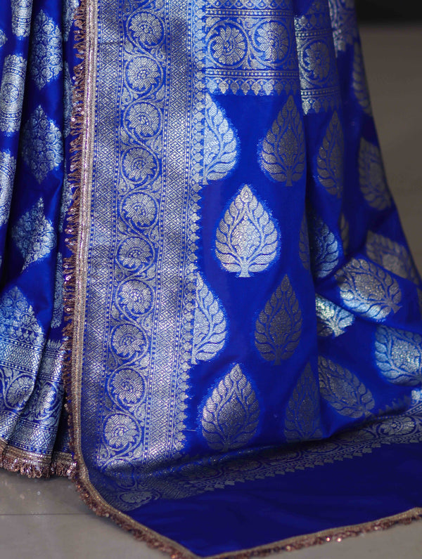 Banarasee Handloom Semi Silk Saree With Buta Design Zari Border & Lace-Blue