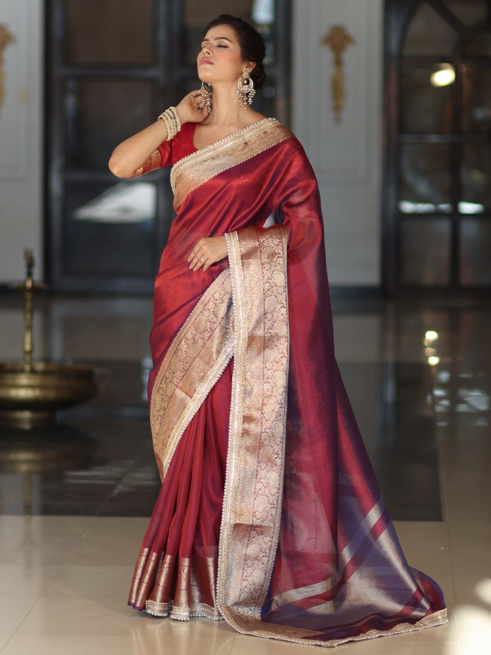 Banarasee Handwoven Plain Tissue Saree With Zari Border & Lace-Maroon(Purple Tone)