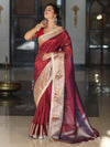 Banarasee Handwoven Plain Tissue Saree With Zari Border & Lace-Maroon(Purple Tone)