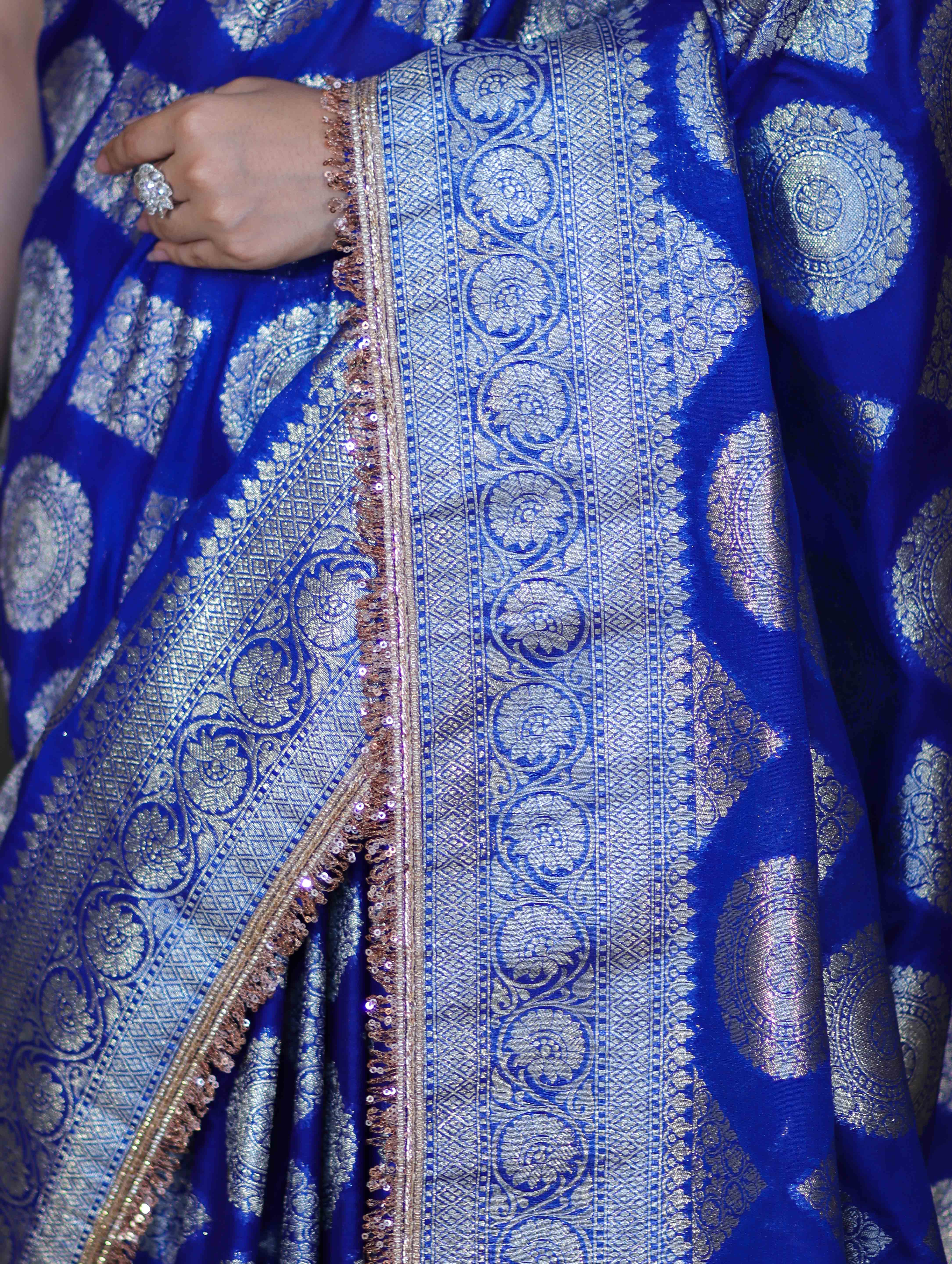 Banarasee Handloom Semi Silk Saree With Buta Design Zari Border & Lace-Blue