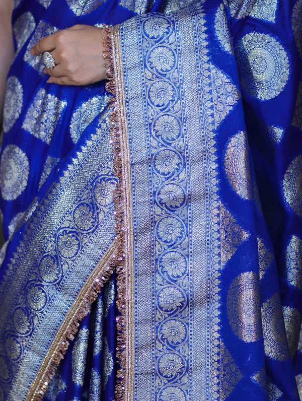 Banarasee Handloom Semi Silk Saree With Buta Design Zari Border & Lace-Blue