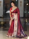 Banarasee Handwoven Plain Tissue Saree With Zari Border & Lace-Maroon(Purple Tone)
