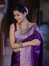 Banarasee Handloom Plain Mashru Silk Saree With Lace Border & Meenadar Pallu-Violet