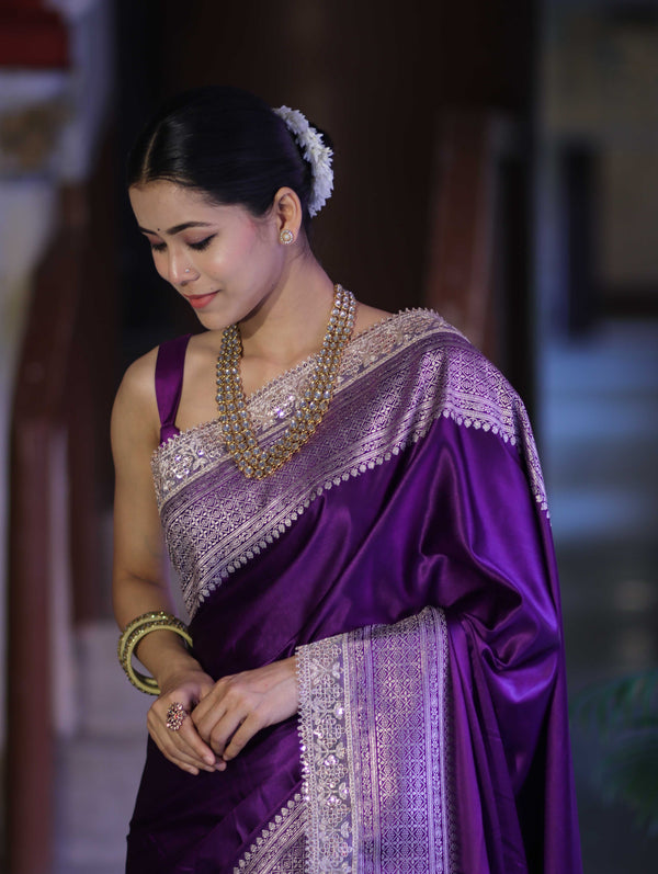 Banarasee Handloom Plain Mashru Silk Saree With Lace Border & Meenadar Pallu-Violet