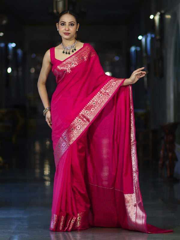 Banarasee Handloom Plain Semi Silk Saree With Floral Border-Pink