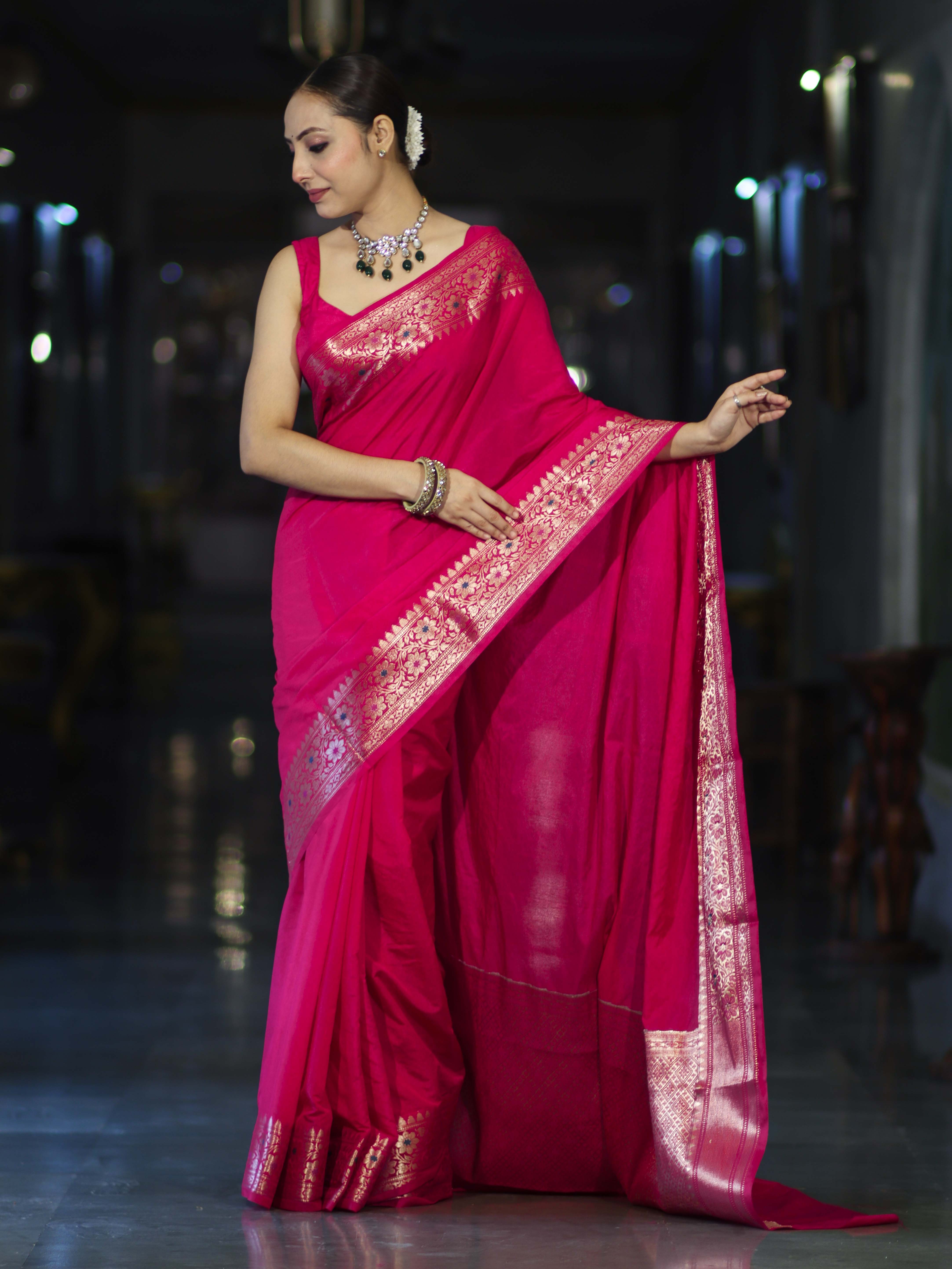 Banarasee Handloom Plain Semi Silk Saree With Floral Border-Pink