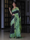 Bhagalpur Handloom Pure Linen Cotton Hand Dyed Shibori Pattern Saree-Black & Light Green