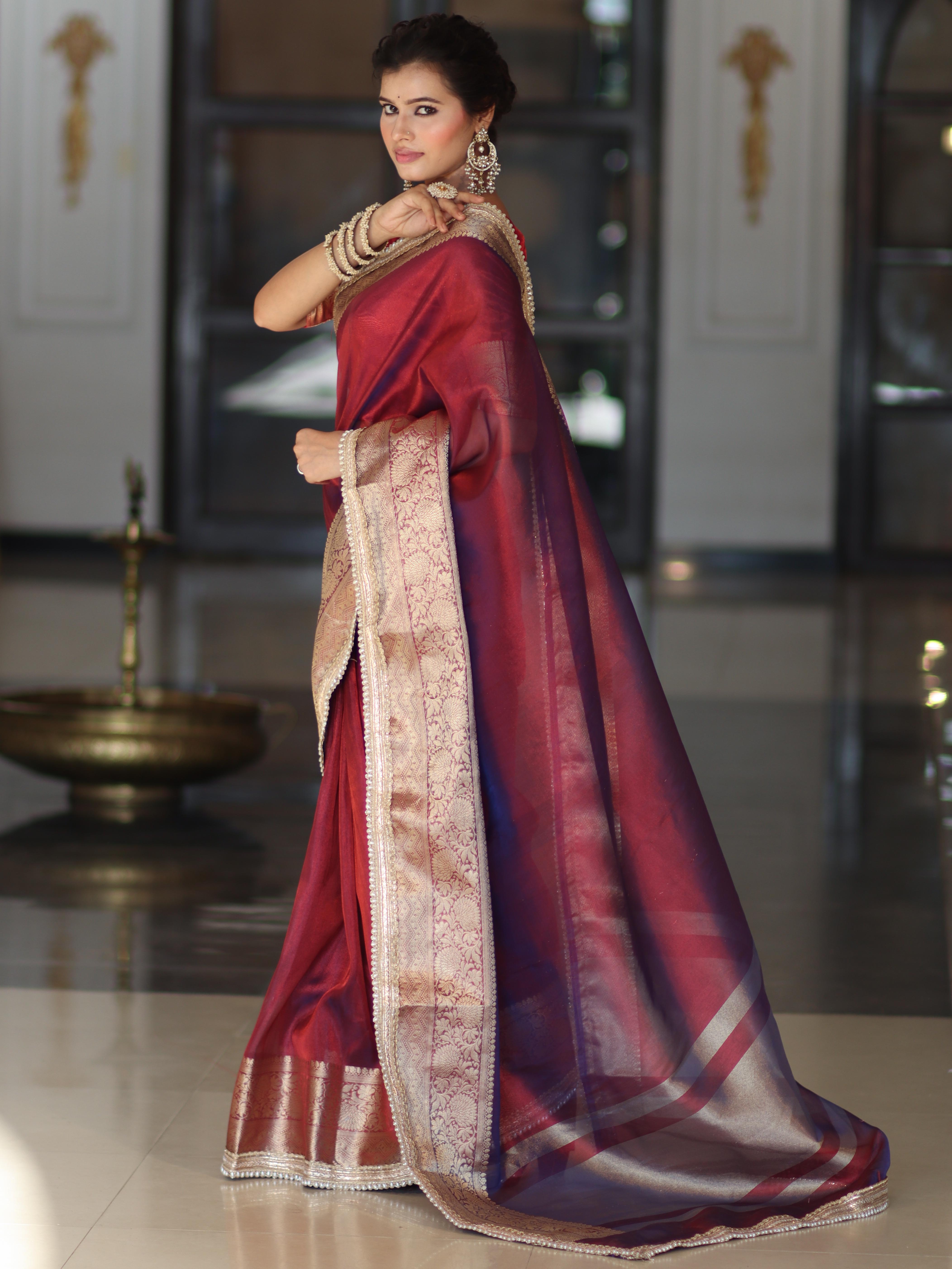 Banarasee Handwoven Plain Tissue Saree With Zari Border & Lace-Maroon(Purple Tone)