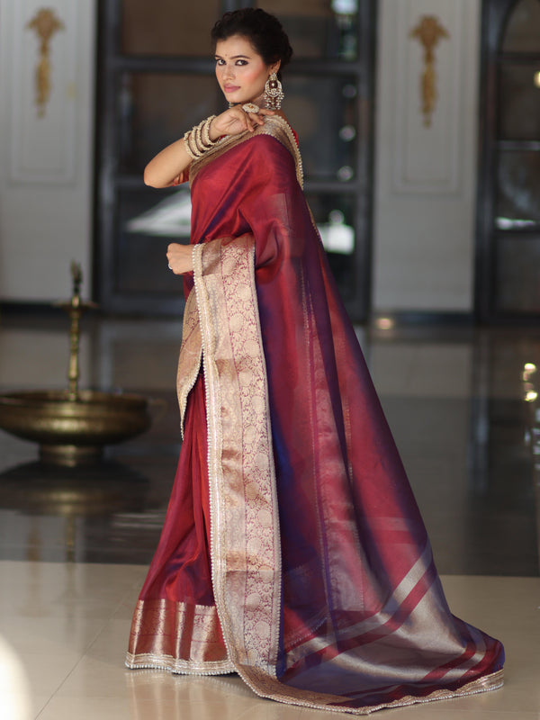 Banarasee Handwoven Plain Tissue Saree With Zari Border & Lace-Maroon(Purple Tone)
