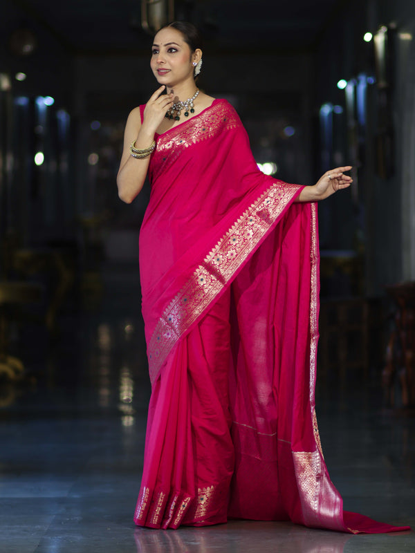 Banarasee Handloom Plain Semi Silk Saree With Floral Border-Pink