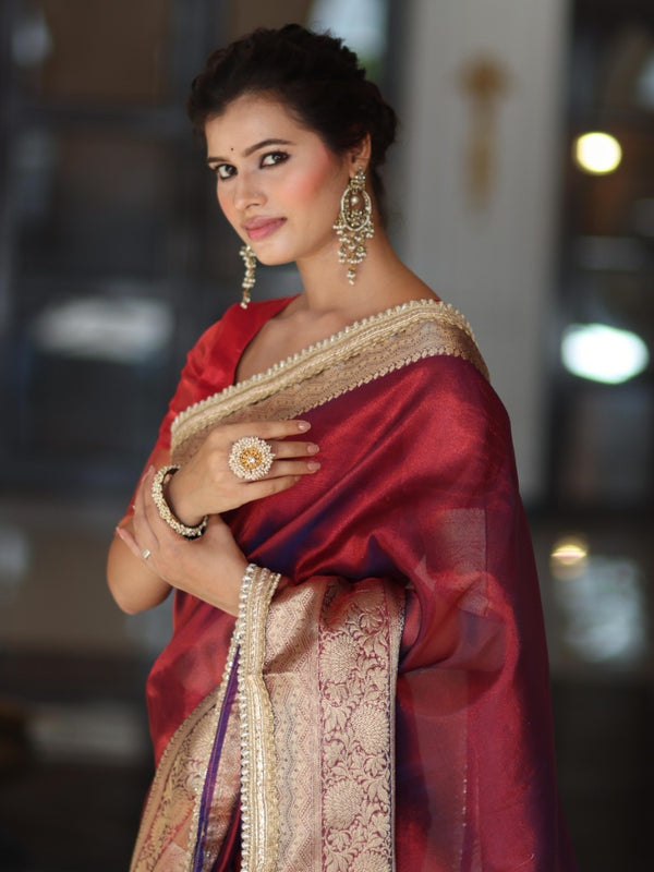 Banarasee Handwoven Plain Tissue Saree With Zari Border & Lace-Maroon(Purple Tone)
