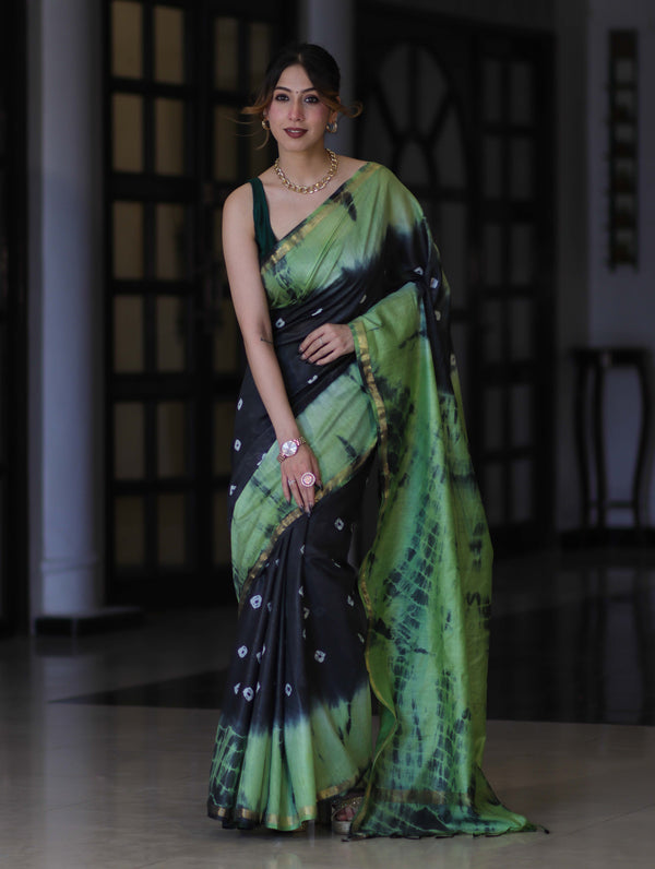 Bhagalpur Handloom Pure Linen Cotton Hand Dyed Shibori Pattern Saree-Black & Light Green