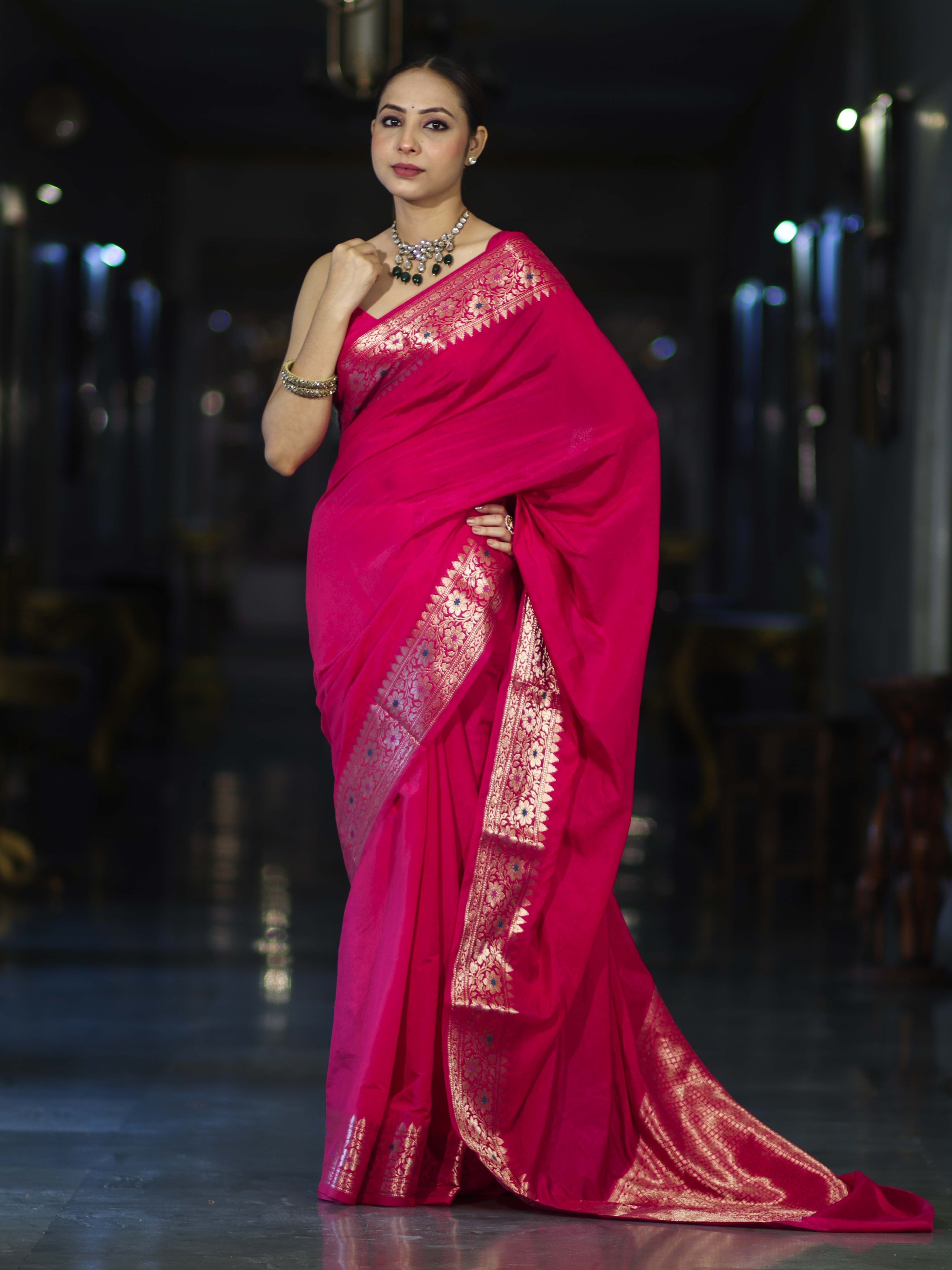 Banarasee Handloom Plain Semi Silk Saree With Floral Border-Pink