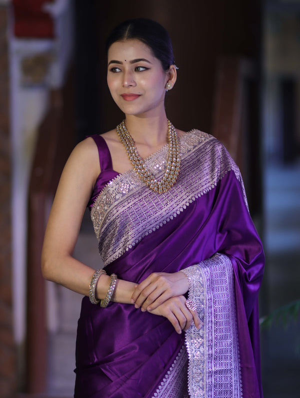 Banarasee Handloom Plain Mashru Silk Saree With Lace Border & Meenadar Pallu-Violet