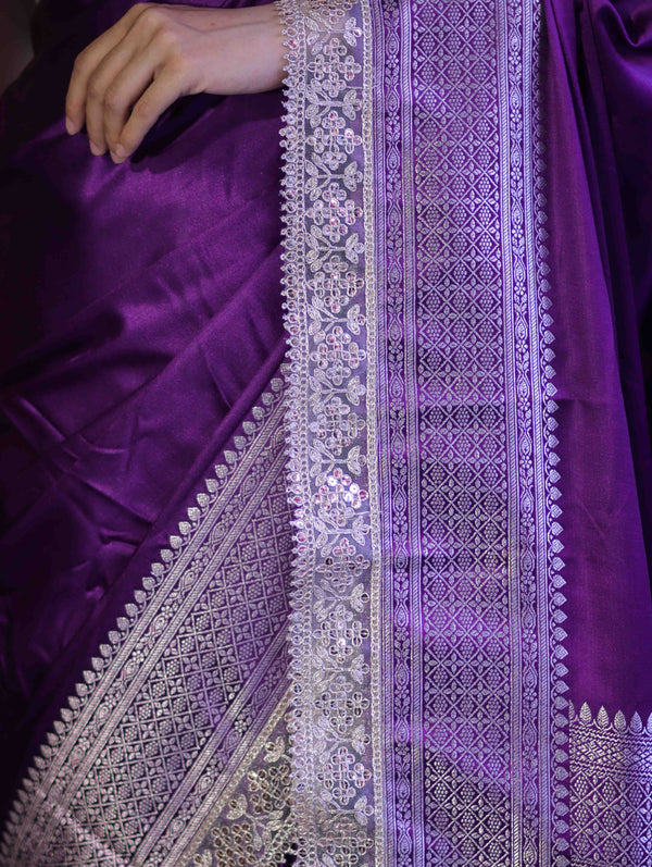 Banarasee Handloom Plain Mashru Silk Saree With Lace Border & Meenadar Pallu-Violet