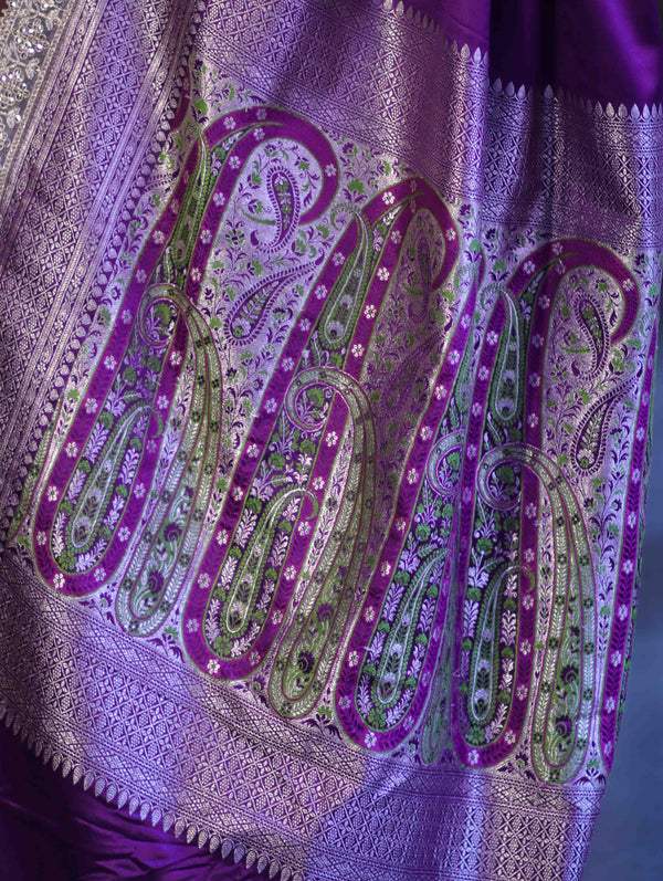 Banarasee Handloom Plain Mashru Silk Saree With Lace Border & Meenadar Pallu-Violet