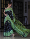 Bhagalpur Handloom Pure Linen Cotton Hand Dyed Shibori Pattern Saree-Black & Light Green