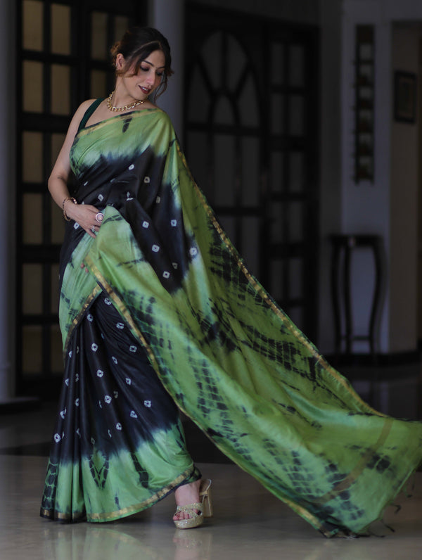 Bhagalpur Handloom Pure Linen Cotton Hand Dyed Shibori Pattern Saree-Black & Light Green